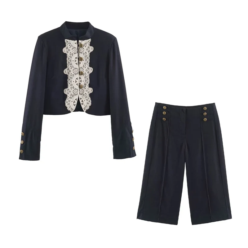 Damen Kurzer Bolero‑Blazer mit Spitzenfront und dekorativen Zierknöpfen Drune