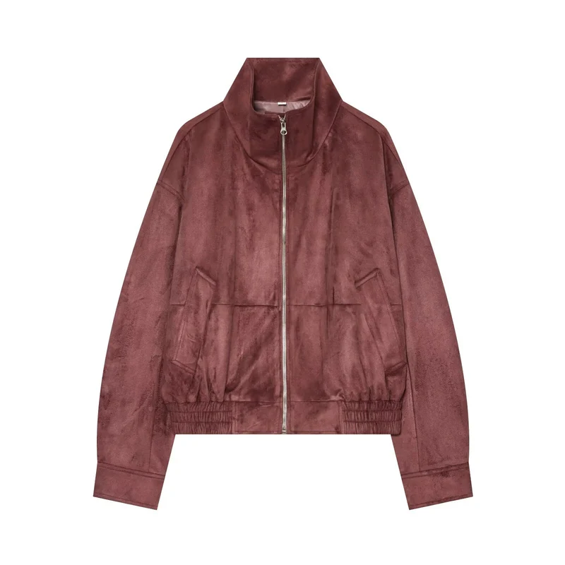 Damen kurze Veloursleder-Optik Bomberjacke mit Stehkragen und elastischem Saum Drune