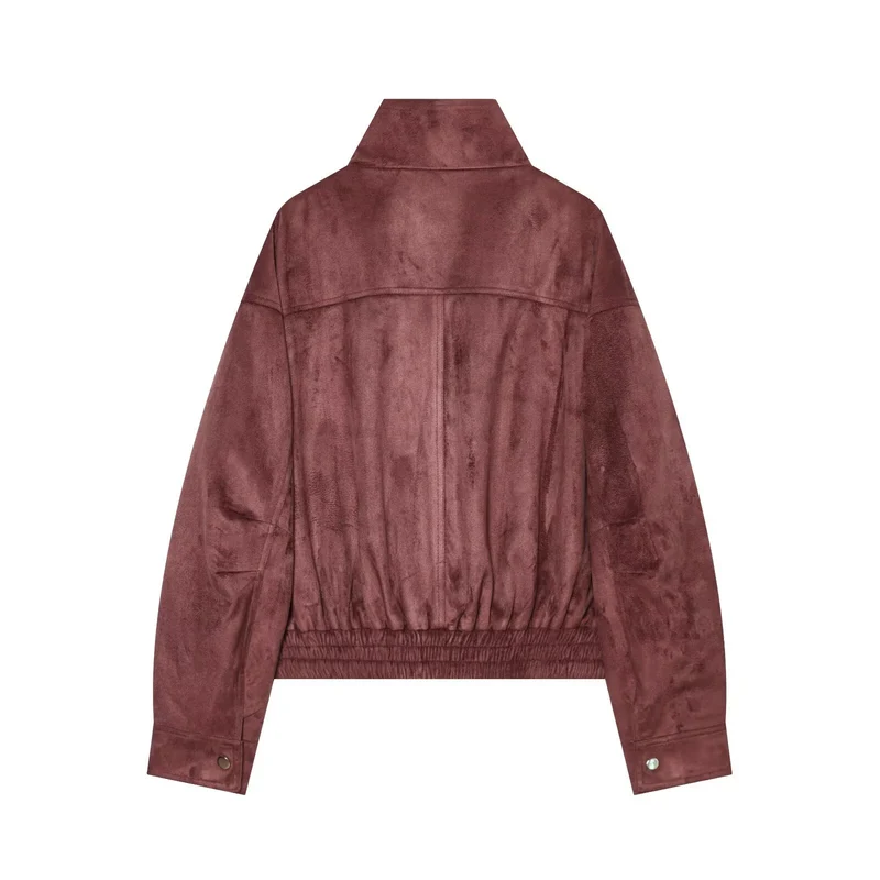 Damen kurze Veloursleder-Optik Bomberjacke mit Stehkragen und elastischem Saum Drune