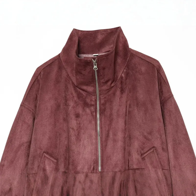 Damen kurze Veloursleder-Optik Bomberjacke mit Stehkragen und elastischem Saum Drune