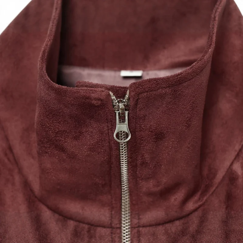 Damen kurze Veloursleder-Optik Bomberjacke mit Stehkragen und elastischem Saum Drune