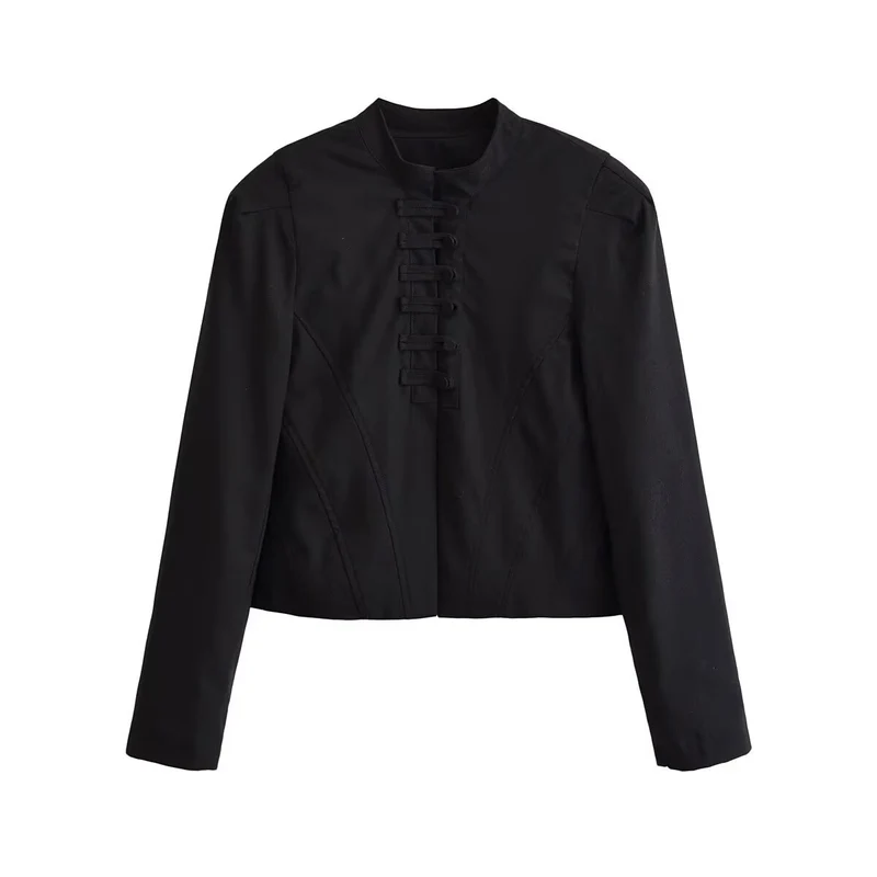 Damen Kurze Taillierte Blousonjacke mit Stehkragen, dekorativen Schlaufen und Teilungsnähten Drune