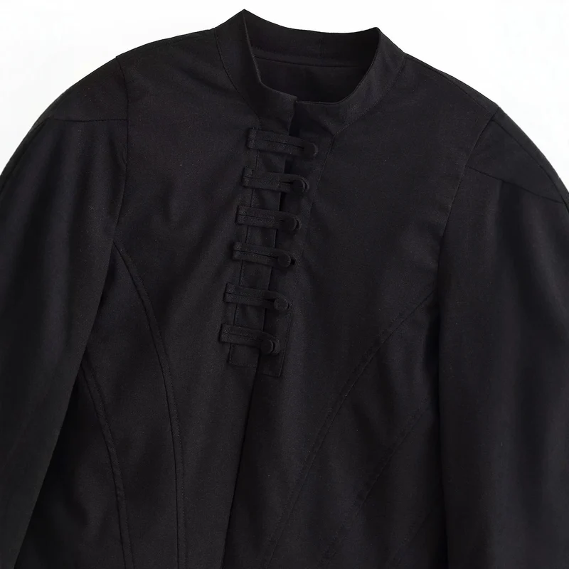 Damen Kurze Taillierte Blousonjacke mit Stehkragen, dekorativen Schlaufen und Teilungsnähten Drune