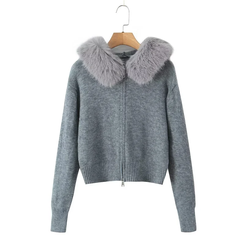 Damen Kurze Strickjacke mit Reißverschluss und abnehmbarem Kunstpelzkragen Drune