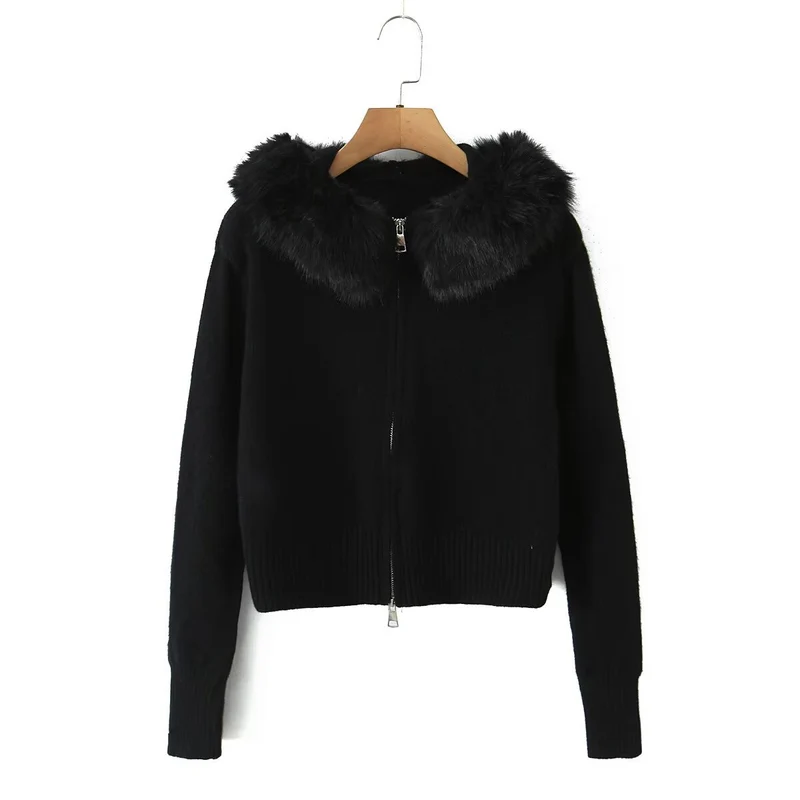 Damen Kurze Strickjacke mit Reißverschluss und abnehmbarem Kunstpelzkragen Drune