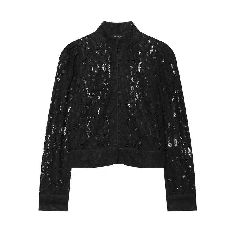 Damen Kurze Spitzenjacke mit Stehkragen und Knopfleiste Drune