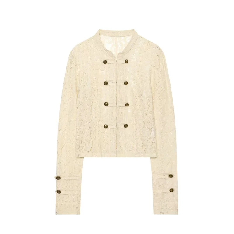Damen Kurze Spitzenjacke im militärisch inspirierten Stil mit Stehkragen und Zierknopfleiste Drune