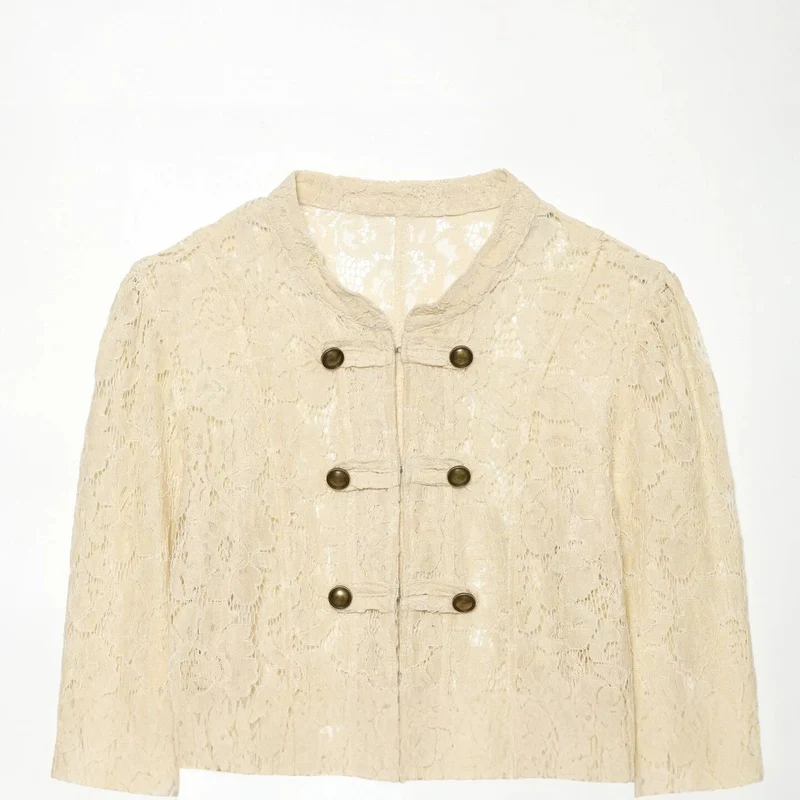 Damen Kurze Spitzenjacke im militärisch inspirierten Stil mit Stehkragen und Zierknopfleiste Drune
