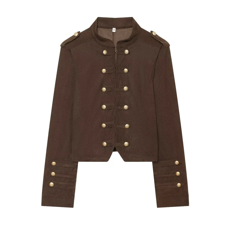 Damen Kurze Militärjacke im Boxy‑Schnitt mit Stehkragen und Zierknöpfen Drune