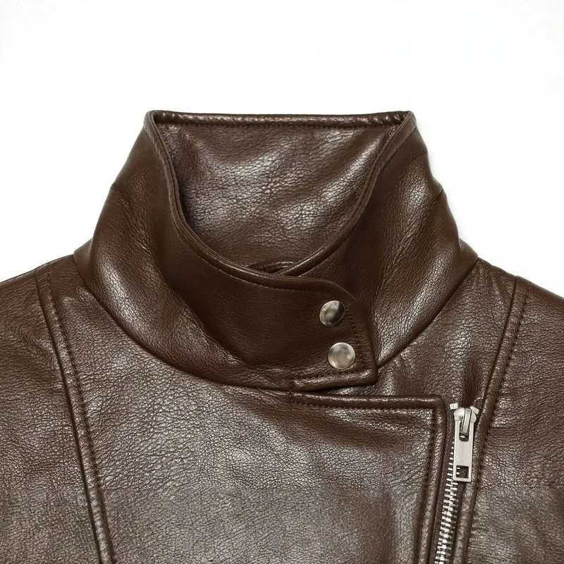 Damen Kurze Kunstleder-Bikerjacke mit Stehkragen, asymmetrischem Reißverschluss und elastischem Saum Drune