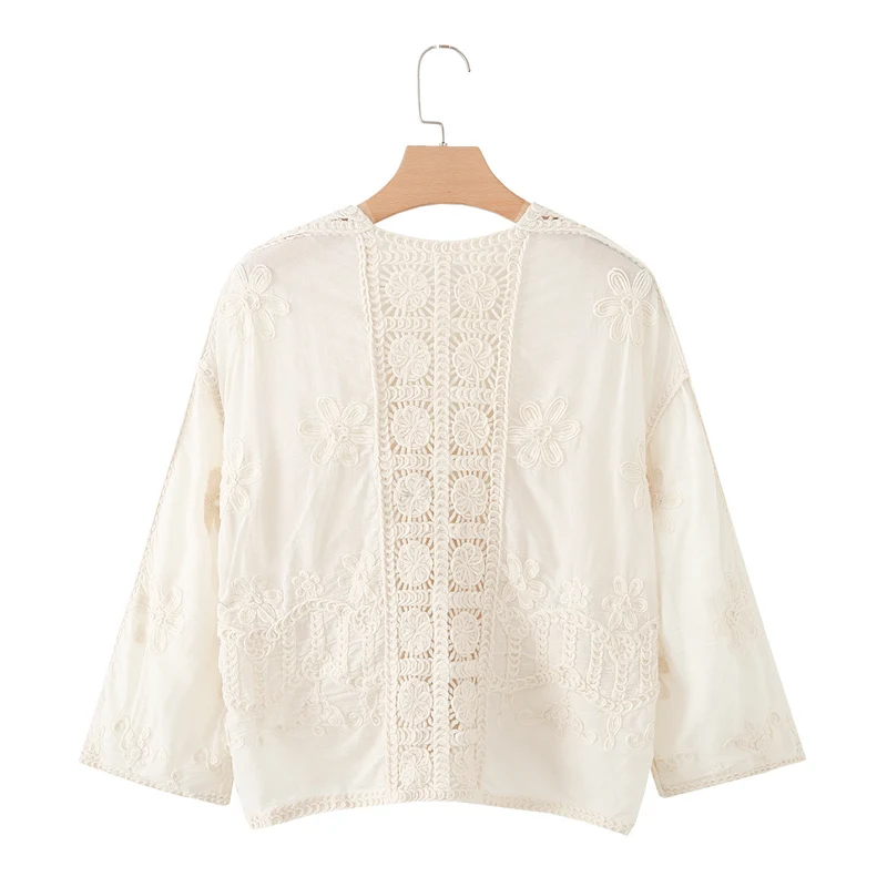 Damen Kurze Häkel- und Stickjacke im Boho-Kimono-Stil mit Bindeband Drune