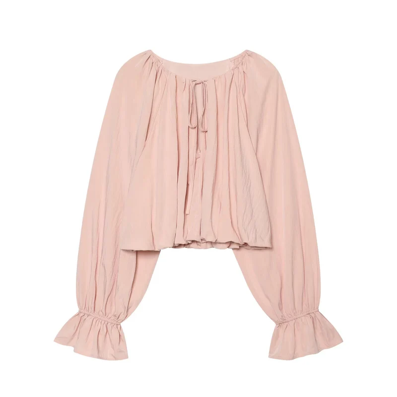 Damen Kurze Bluse im Boho‑Stil mit Tunnelzug, Volantärmeln und gerafftem Saum Drune