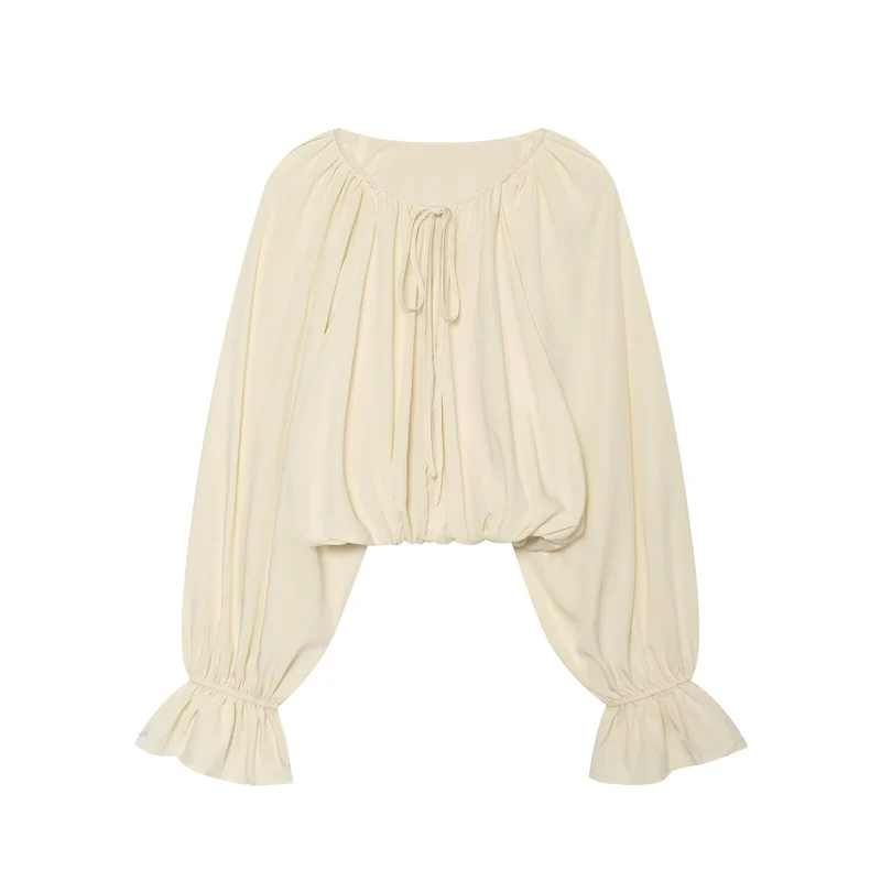 Damen Kurze Bluse im Boho‑Stil mit Tunnelzug, Volantärmeln und gerafftem Saum Drune