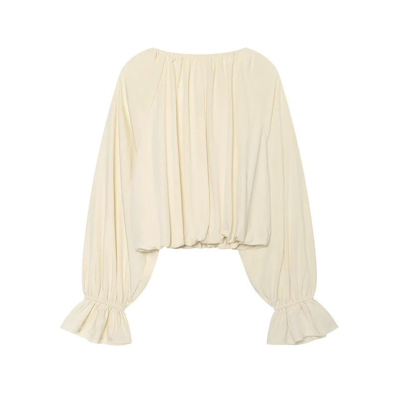 Damen Kurze Bluse im Boho‑Stil mit Tunnelzug, Volantärmeln und gerafftem Saum Drune