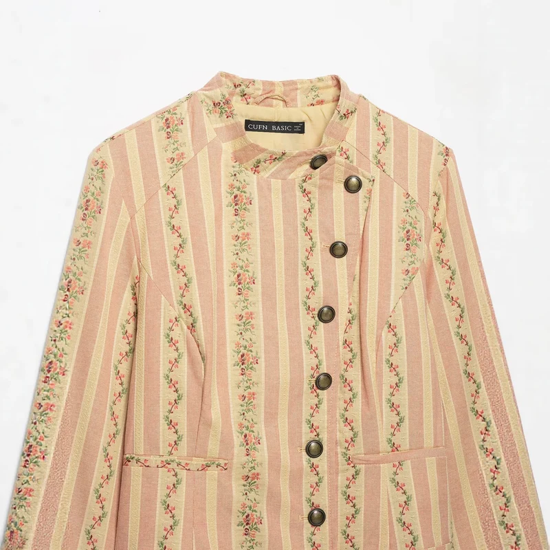 Damen Kurze Blousonjacke im Vintage‑Streifenmuster mit asymmetrischer Knopfleiste Drune