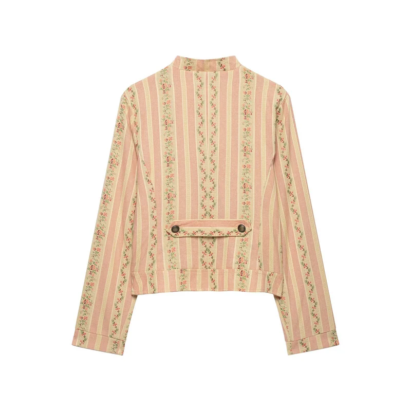 Damen Kurze Blousonjacke im Vintage‑Streifenmuster mit asymmetrischer Knopfleiste Drune