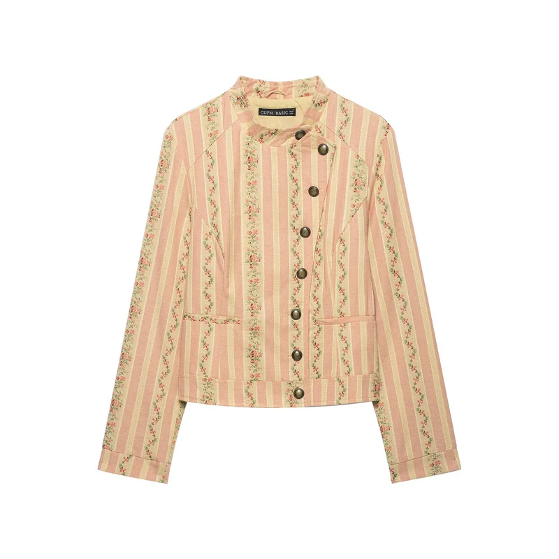 Damen Kurze Blousonjacke im Vintage‑Streifenmuster mit asymmetrischer Knopfleiste Drune