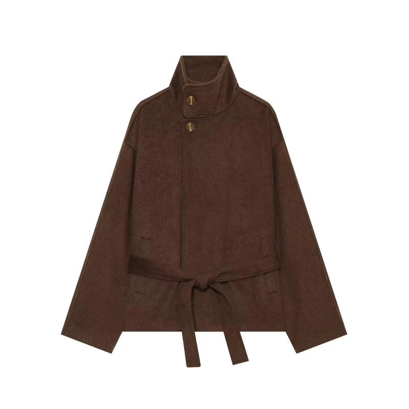 Damen Kurzcape‑Mantel aus Wollmix mit hohem Stehkragen und Taillengürtel Drune
