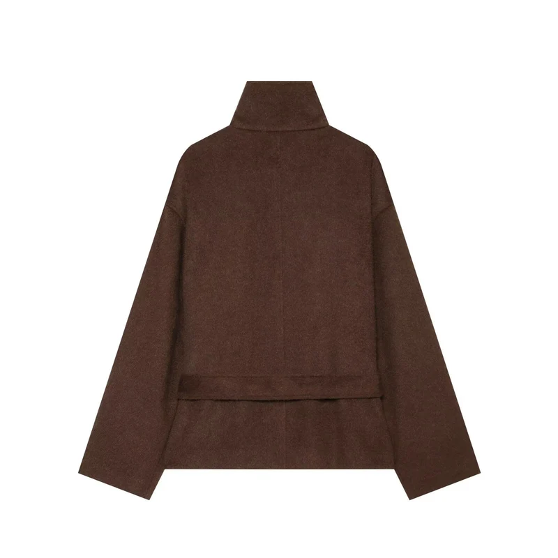 Damen Kurzcape‑Mantel aus Wollmix mit hohem Stehkragen und Taillengürtel Drune
