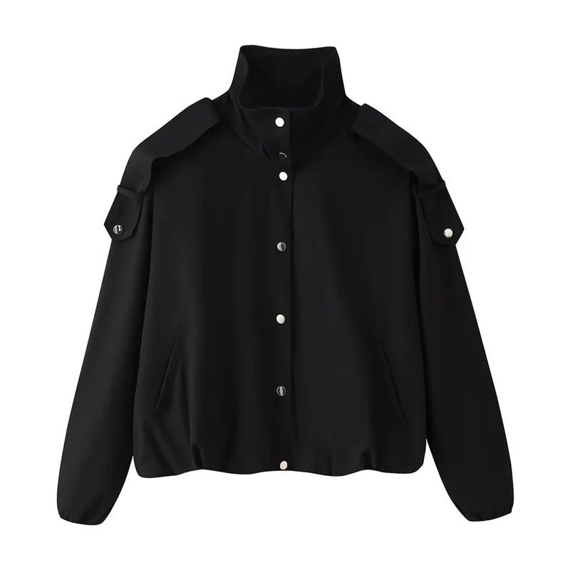 Damen Kurzblouson mit hohem Stehkragen, Schulterpatten und Druckknopfleiste Drune