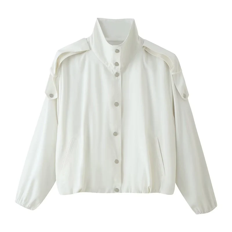 Damen Kurzblouson mit hohem Stehkragen, Schulterpatten und Druckknopfleiste Drune