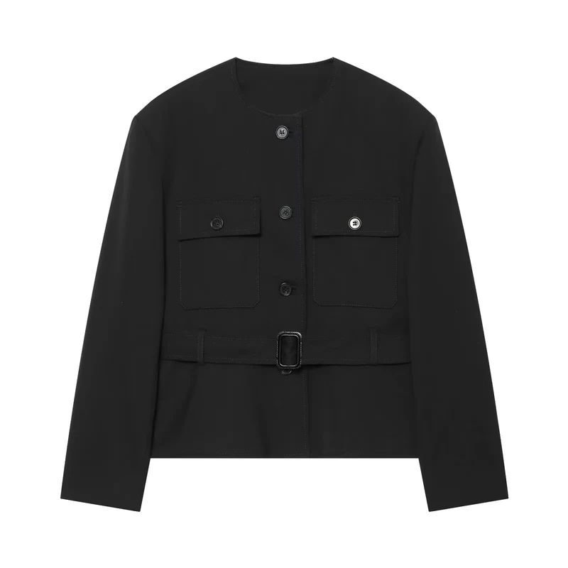 Damen Kurzblouson im Utility‑Style mit Taillengürtel, Pattentaschen und Rundhalsausschnitt Drune