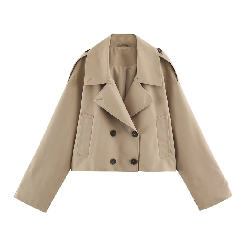 Damen Kurzblouson im Trenchstil mit kastiger Silhouette und doppelreihiger Knopfleiste Drune