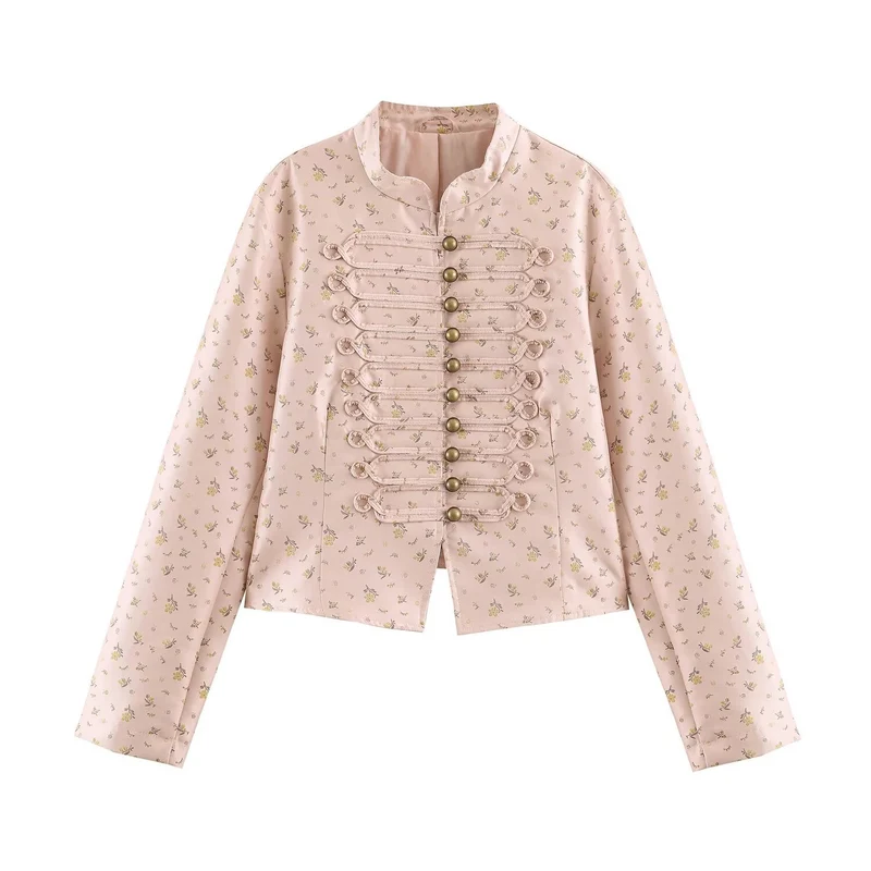 Damen Kurzblouson im romantischen Militärstil mit Blumenjacquard und dekorativen Kordelschließen Drune