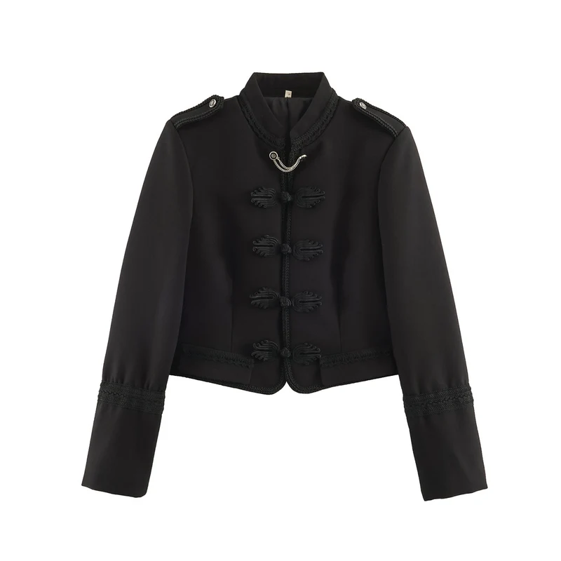 Damen Kurzblouson im Militärstil mit Mandarinkragen, Zierknoten und Epauletten Drune