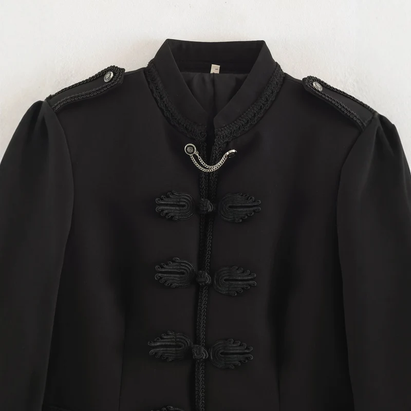 Damen Kurzblouson im Militärstil mit Mandarinkragen, Zierknoten und Epauletten Drune
