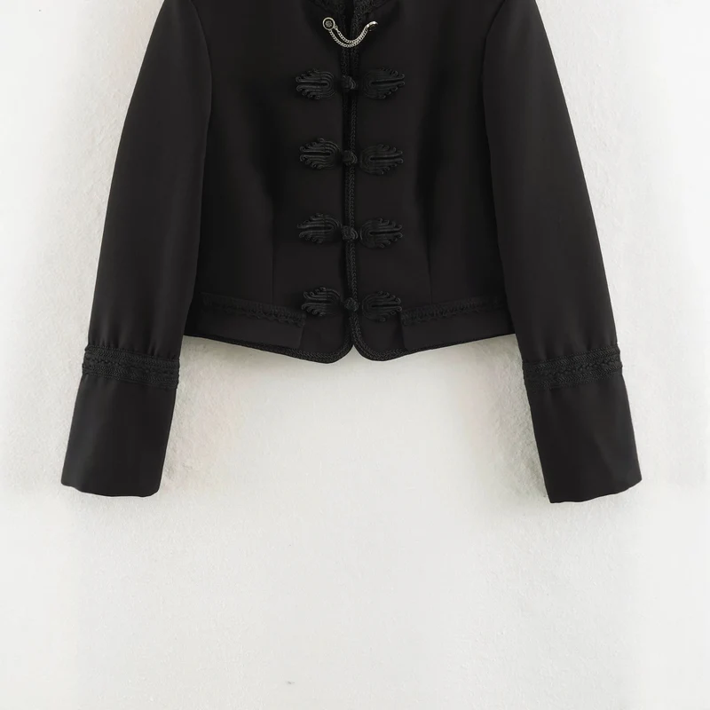 Damen Kurzblouson im Militärstil mit Mandarinkragen, Zierknoten und Epauletten Drune