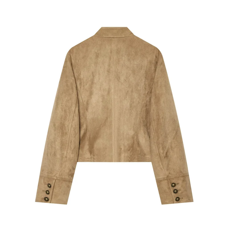 Damen Kurzblouson im Militärstil aus Velourslederoptik mit Reihen-Messingknöpfen Drune
