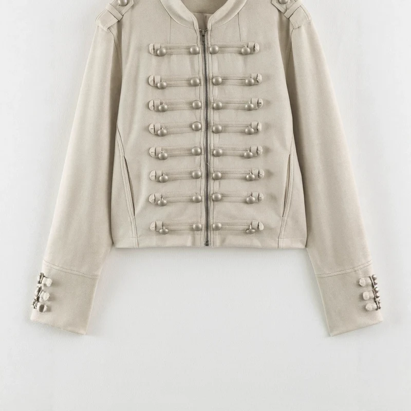 Damen Kurzblouson im Militärlook mit Zierknotenleisten und Stehkragen Drune