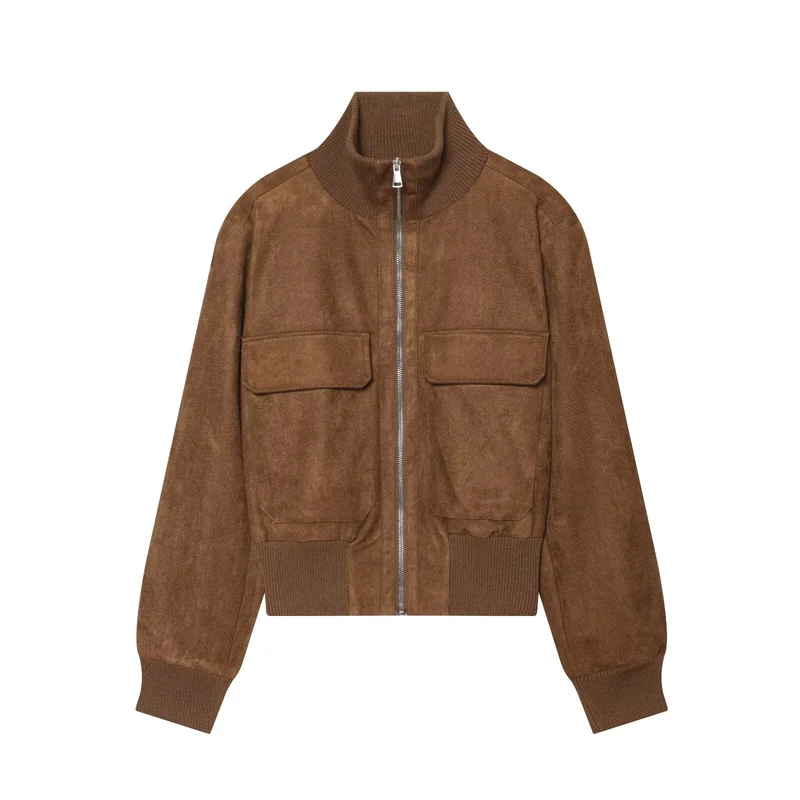 Damen Kurzblouson aus Veloursleder mit hohem Rippkragen und aufgesetzten Pattentaschen Drune