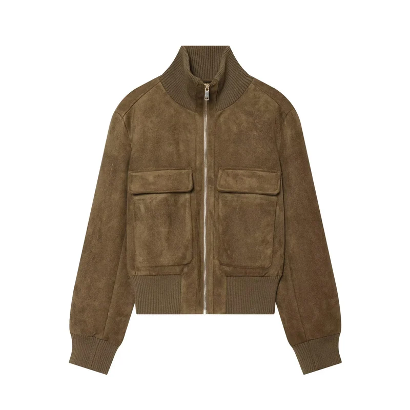 Damen Kurzblouson aus Veloursleder mit hohem Rippkragen und aufgesetzten Pattentaschen Drune