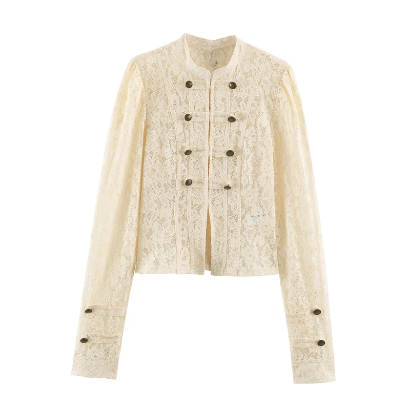 Damen Kurzblouson aus floraler Spitze mit Mandarinkragen und Zierriegeln Drune
