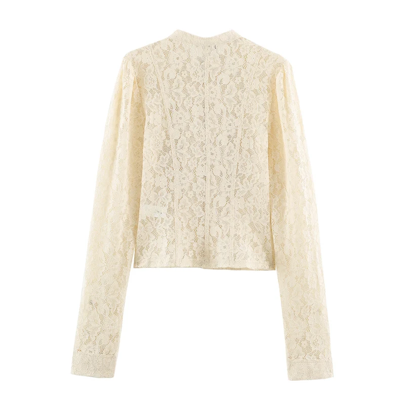 Damen Kurzblouson aus floraler Spitze mit Mandarinkragen und Zierriegeln Drune