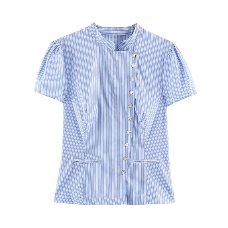 Damen Kurzärmelige gestreifte Blusenjacke mit Stehkragen und asymmetrischer Knopfleiste Drune