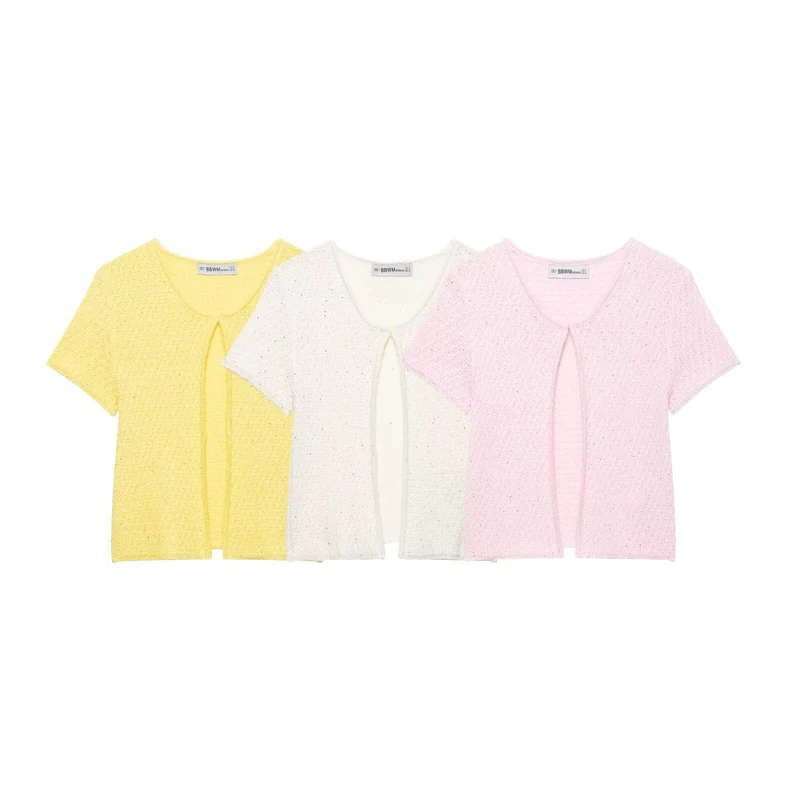 Damen Kurzärmelige Bouclé Strickjacke mit offenem Frontschlitz Drune