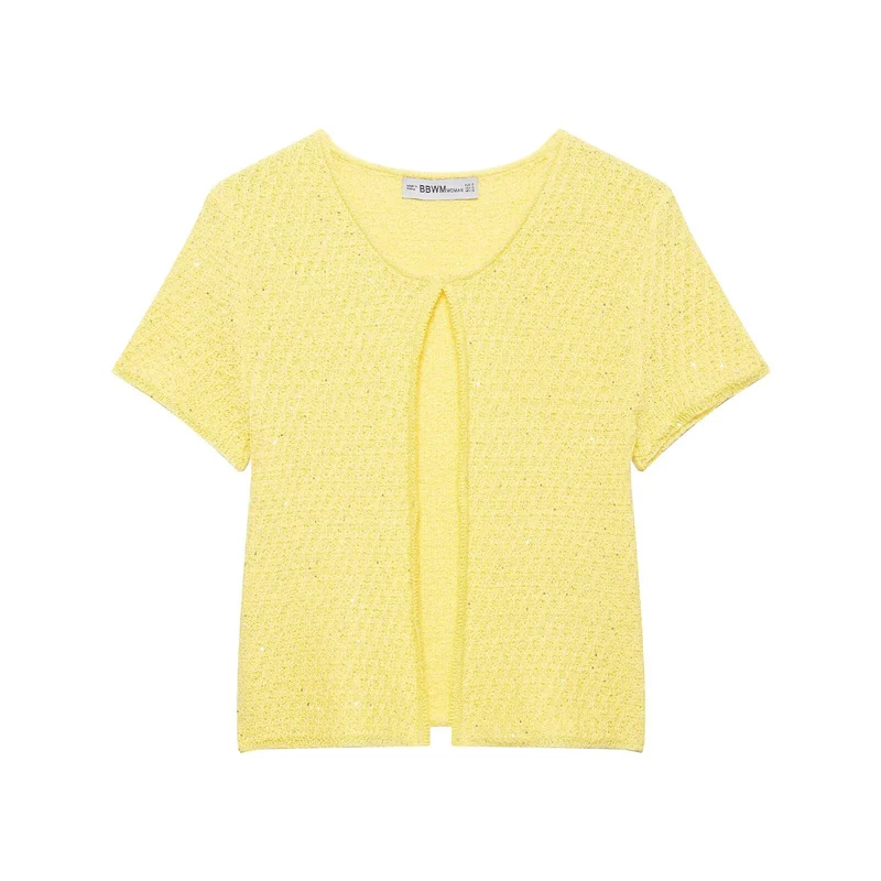 Damen Kurzärmelige Bouclé Strickjacke mit offenem Frontschlitz Drune