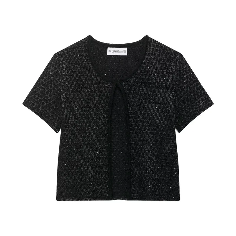 Damen Kurzärmelige Bouclé Strickjacke mit offenem Frontschlitz Drune