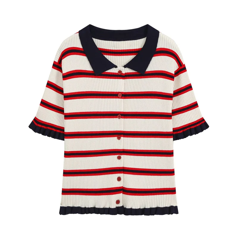 Damen Kurzarm-Rippenstrick-Cardigan mit Polokragen, Knopfleiste und Rüschensaum Drune