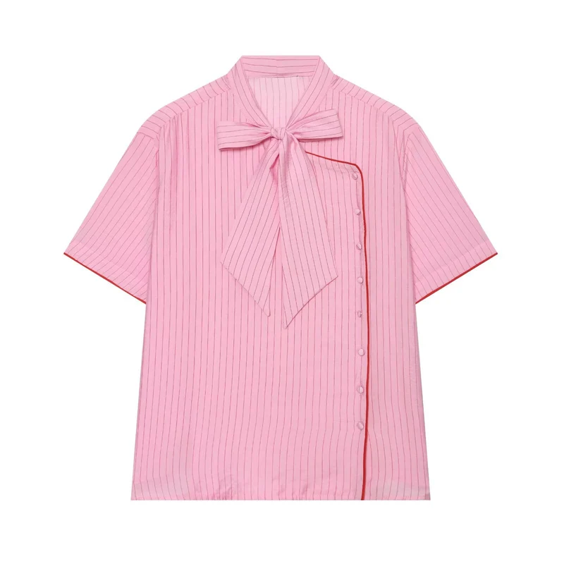Damen Kurzarm-Bluse mit Schleifenkragen und seitlicher Knopfleiste Drune