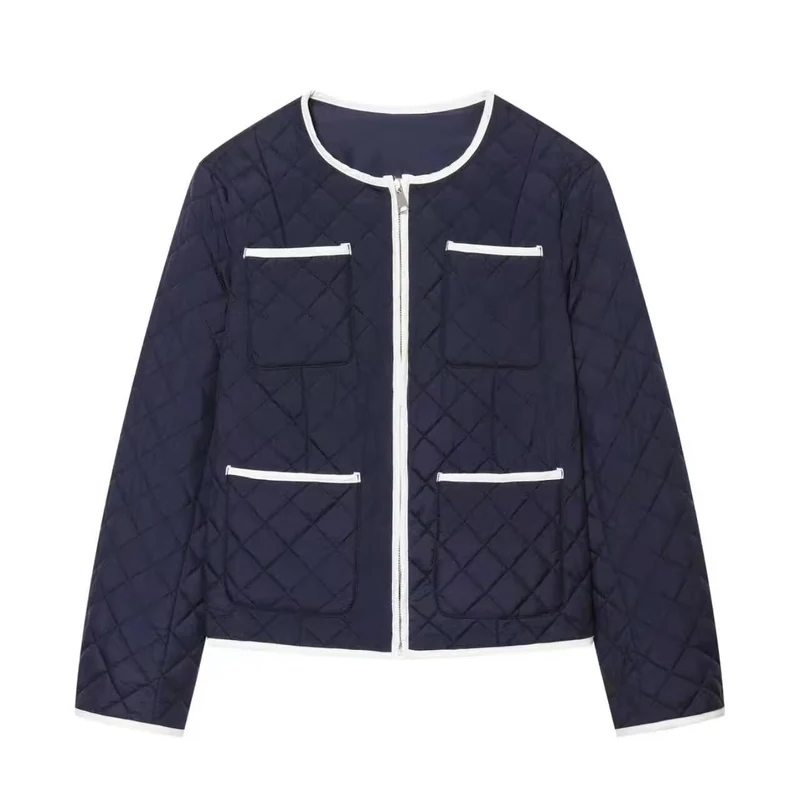 Damen Kurz gesteppte Jacke mit Rundhals, Kontrastpaspel und aufgesetzten Taschen Drune