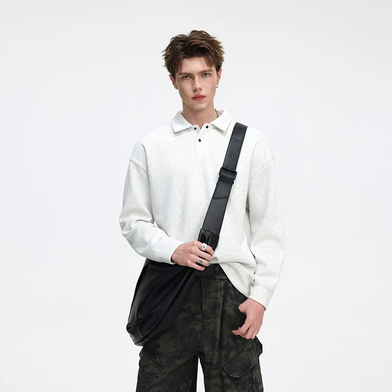 Herren Oversize Waffelstruktur-Polopullover mit halber Knopfleiste und gerippten Bündchen Drune