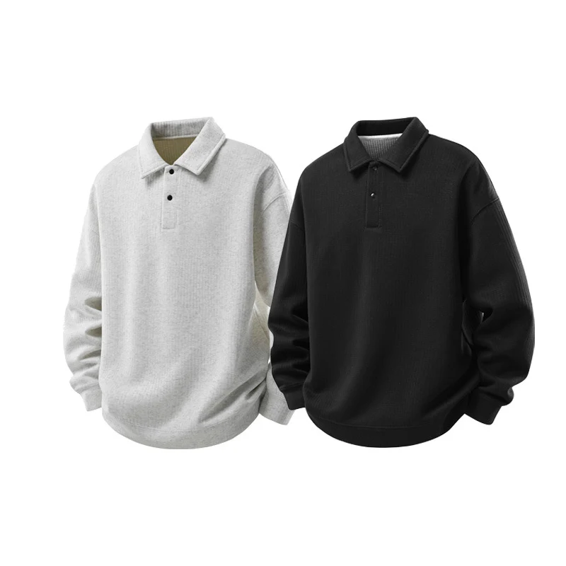 Herren Oversize Waffelstruktur-Polopullover mit halber Knopfleiste und gerippten Bündchen Drune