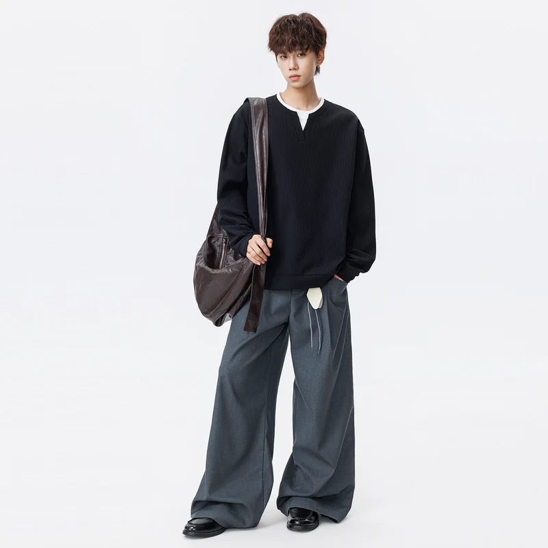 Herren Oversize Waffelstruktur-Langarmshirt mit V‑Einsatz und Layering-Optik Drune