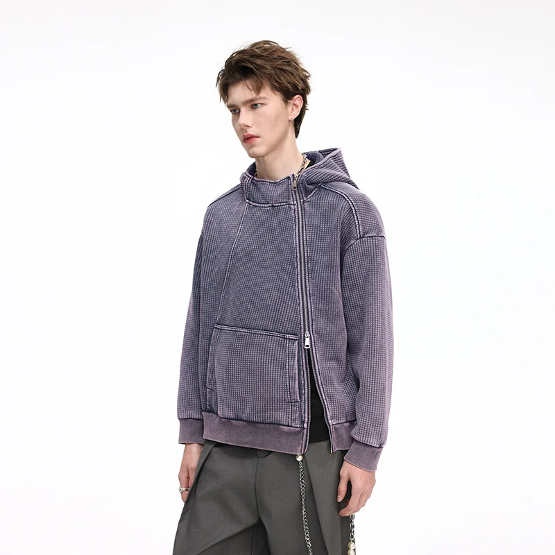 Herren Oversize Waffelstruktur-Kapuzenjacke mit hohem Schlauchkragen und diagonalem Reißverschluss Drune