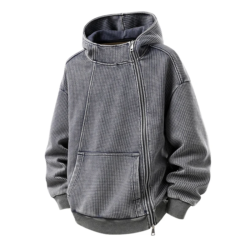 Herren Oversize Waffelstruktur-Kapuzenjacke mit hohem Schlauchkragen und diagonalem Reißverschluss Drune