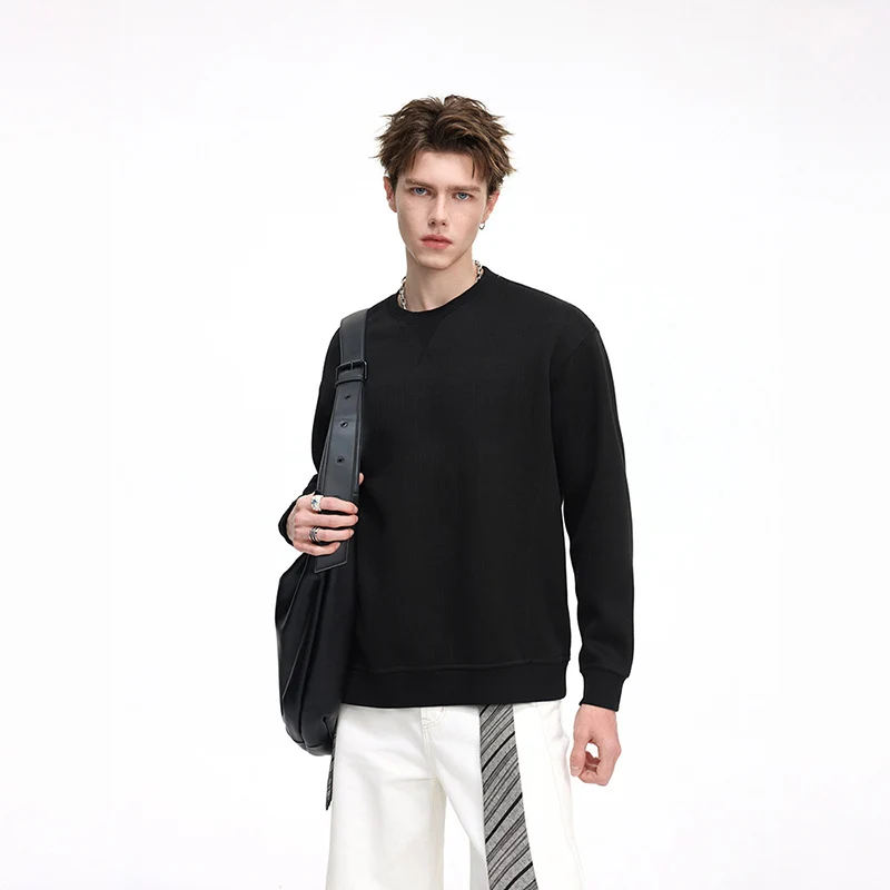 Herren Oversize Waffelstrick-Sweatshirt mit Rundhals, verlängertem Rückensaum und gerippten Bündchen Drune